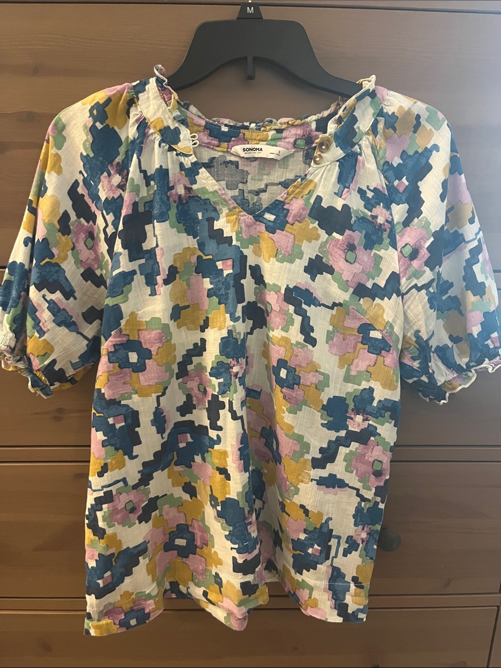 Sonoma Blue Pink Mustard Floral Pixel-Print V-Neck Top